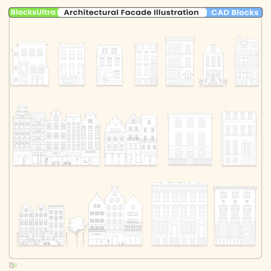 Architectural facade illustration CAD featuring urban townhouse building elevations
