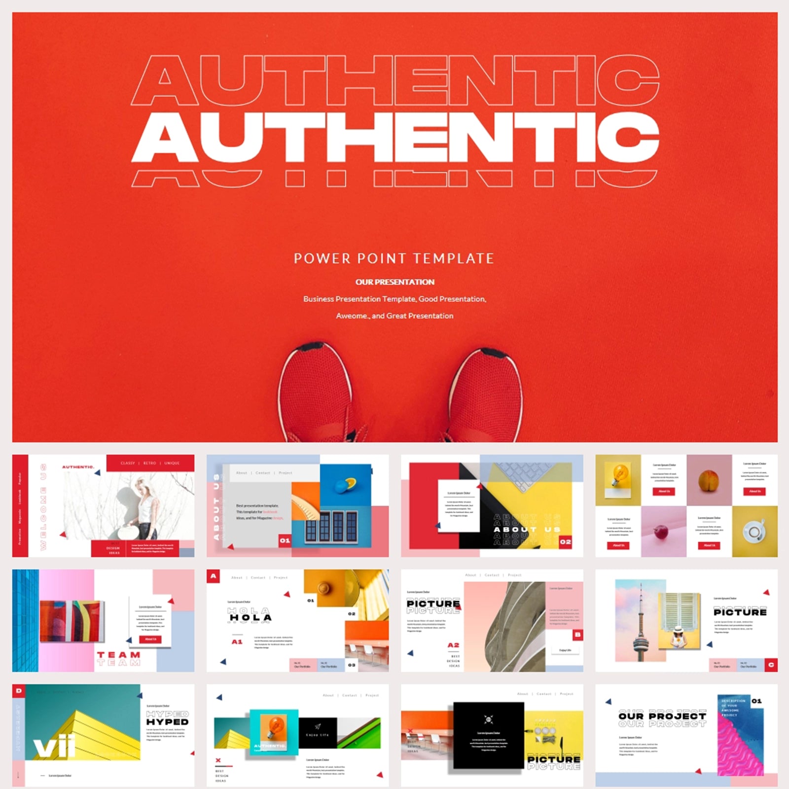 Authentic PowerPoint Template cover slide in bold red background with modern typography