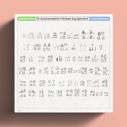 Axonometric gym equipment CAD blocks overview including treadmills and strength machines