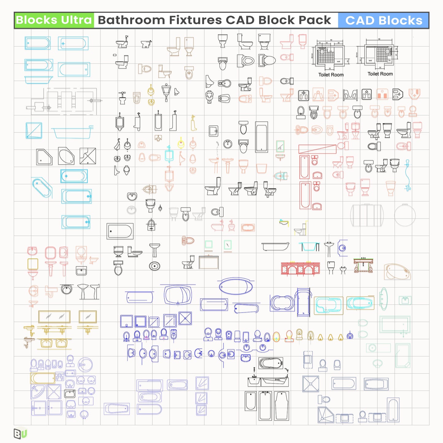 Sanitary CAD symbols featuring multi-view bath units, washbasins, WCs, and fittings for design documentation