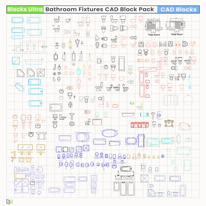 Sanitary CAD symbols featuring multi-view bath units, washbasins, WCs, and fittings for design documentation