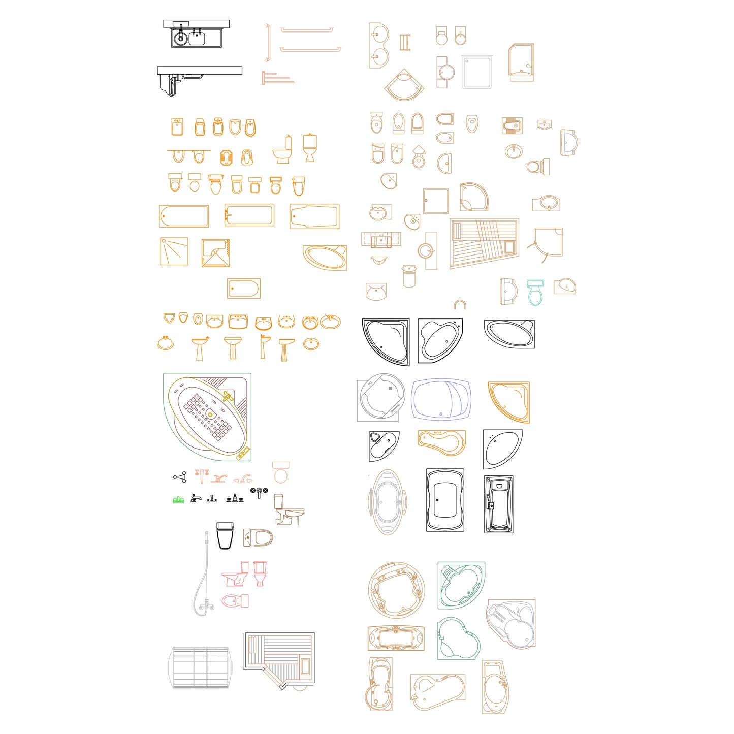 Comprehensive bathroom equipment CAD set featuring tub shapes, toilets, sinks, accessories, and outline symbols for interior layouts