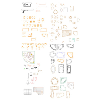 Comprehensive bathroom equipment CAD set featuring tub shapes, toilets, sinks, accessories, and outline symbols for interior layouts