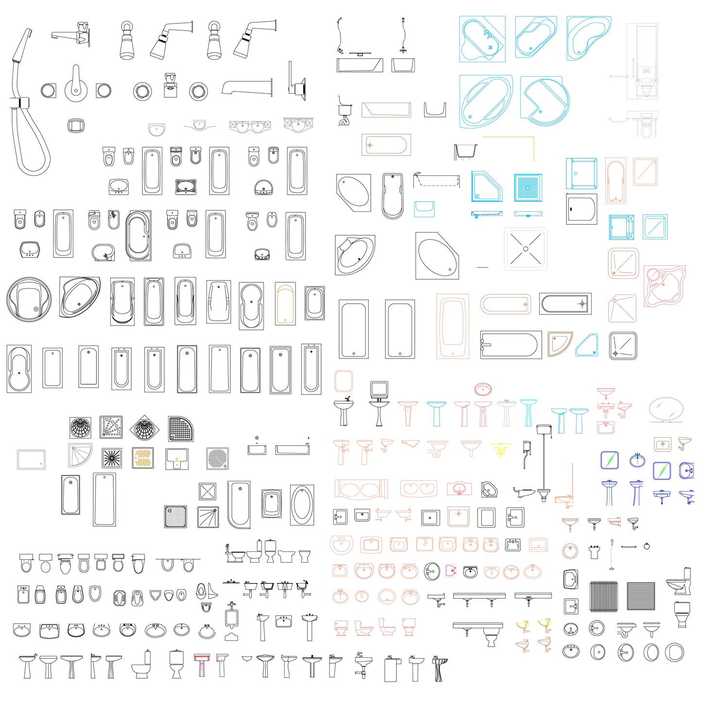 Architectural bathroom CAD elements showing tubs, toilets, basins, showers, and fittings for detailed plan development and layout design