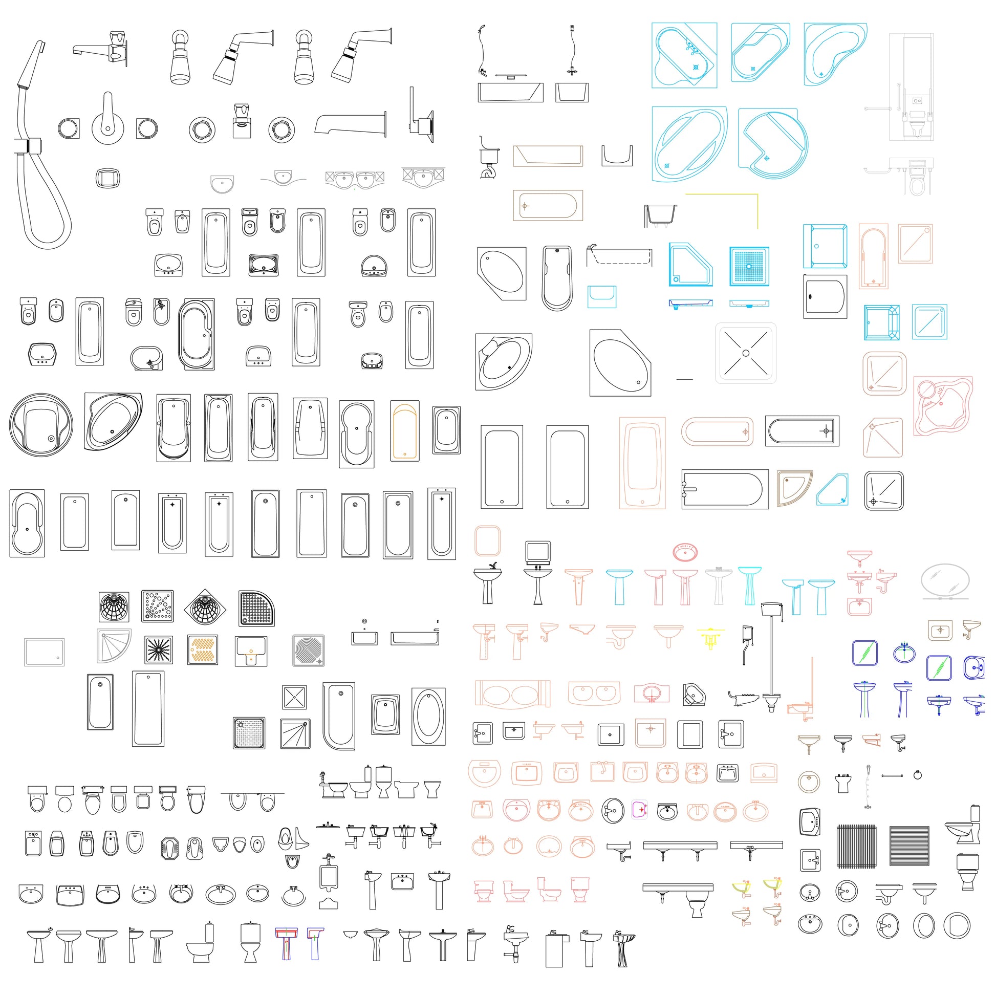 Architectural bathroom CAD elements showing tubs, toilets, basins, showers, and fittings for detailed plan development and layout design