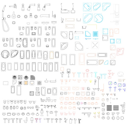 Architectural bathroom CAD elements showing tubs, toilets, basins, showers, and fittings for detailed plan development and layout design