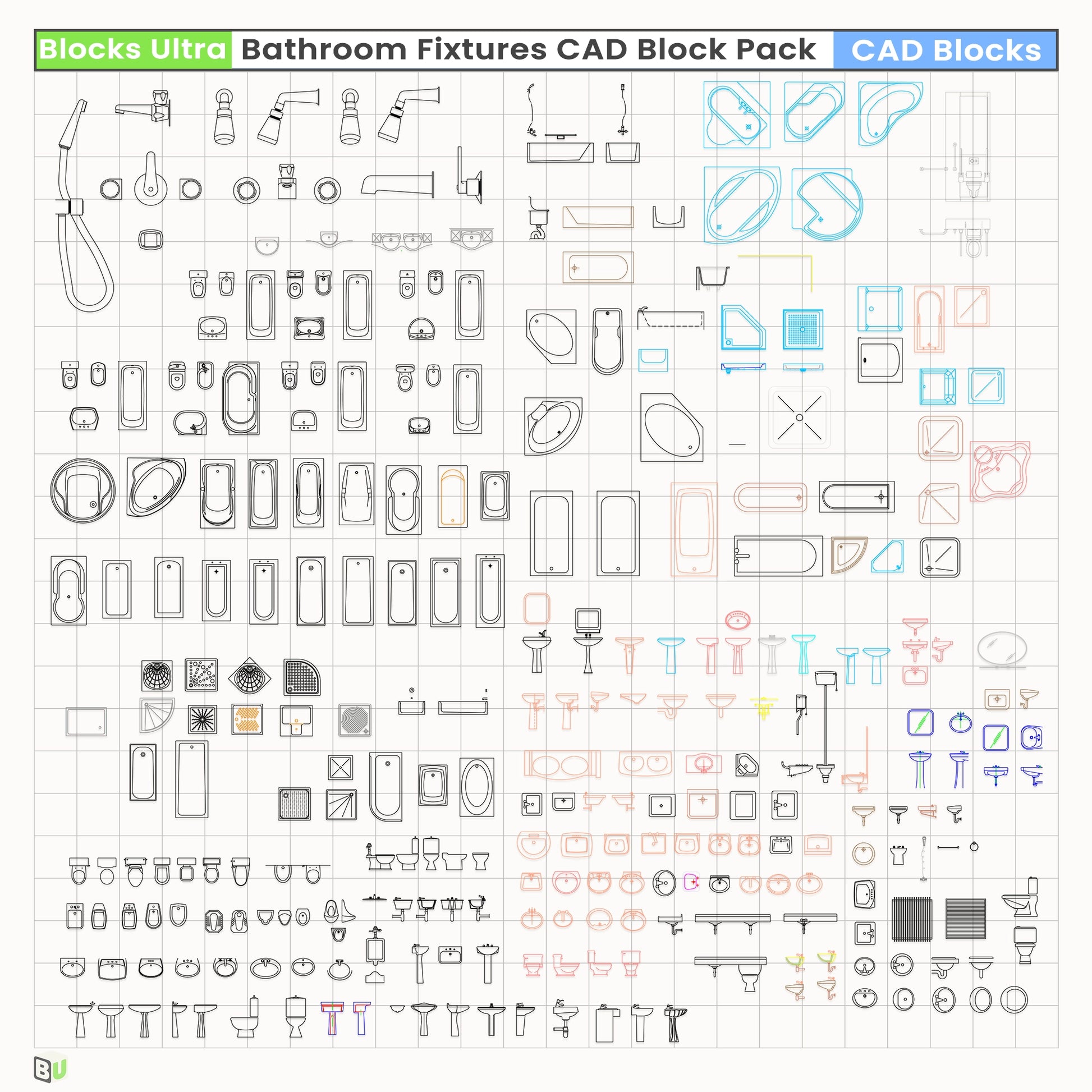 Detailed DWG bathroom fixture blocks including tubs, sinks, toilets, and accessories for interior planning drawings