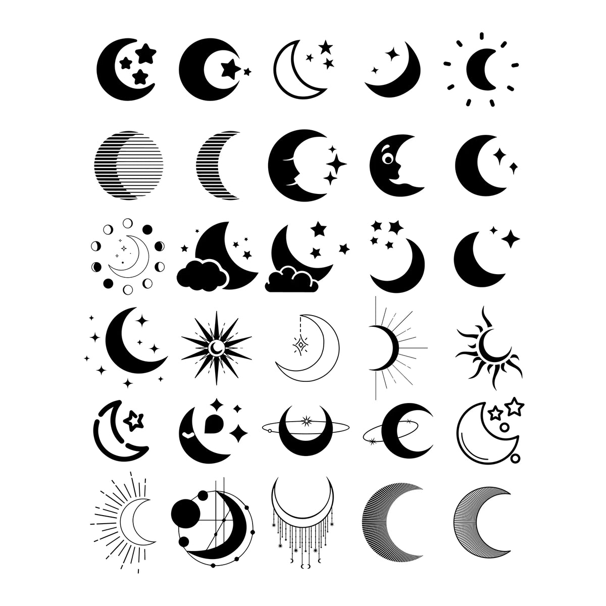 30 black moon vector silhouettes in minimalist celestial style, crescent and full moon phases, editable AI EPS SVG PNG