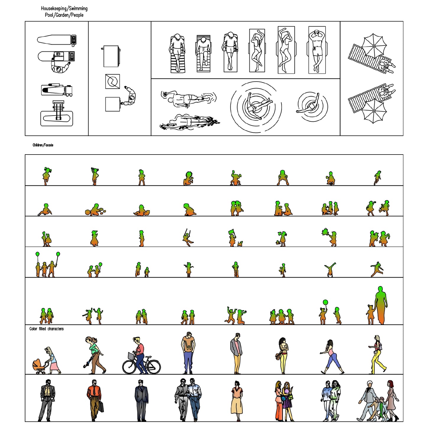 Children and dynamic CAD figures including sports, swimming poses, playful movements, and outdoor activity silhouettes for design use