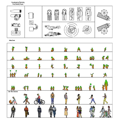 Children and dynamic CAD figures including sports, swimming poses, playful movements, and outdoor activity silhouettes for design use