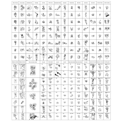 Elevation CAD figures including wheelchair modules, accessibility layouts, interior interactions, and standing character silhouettes
