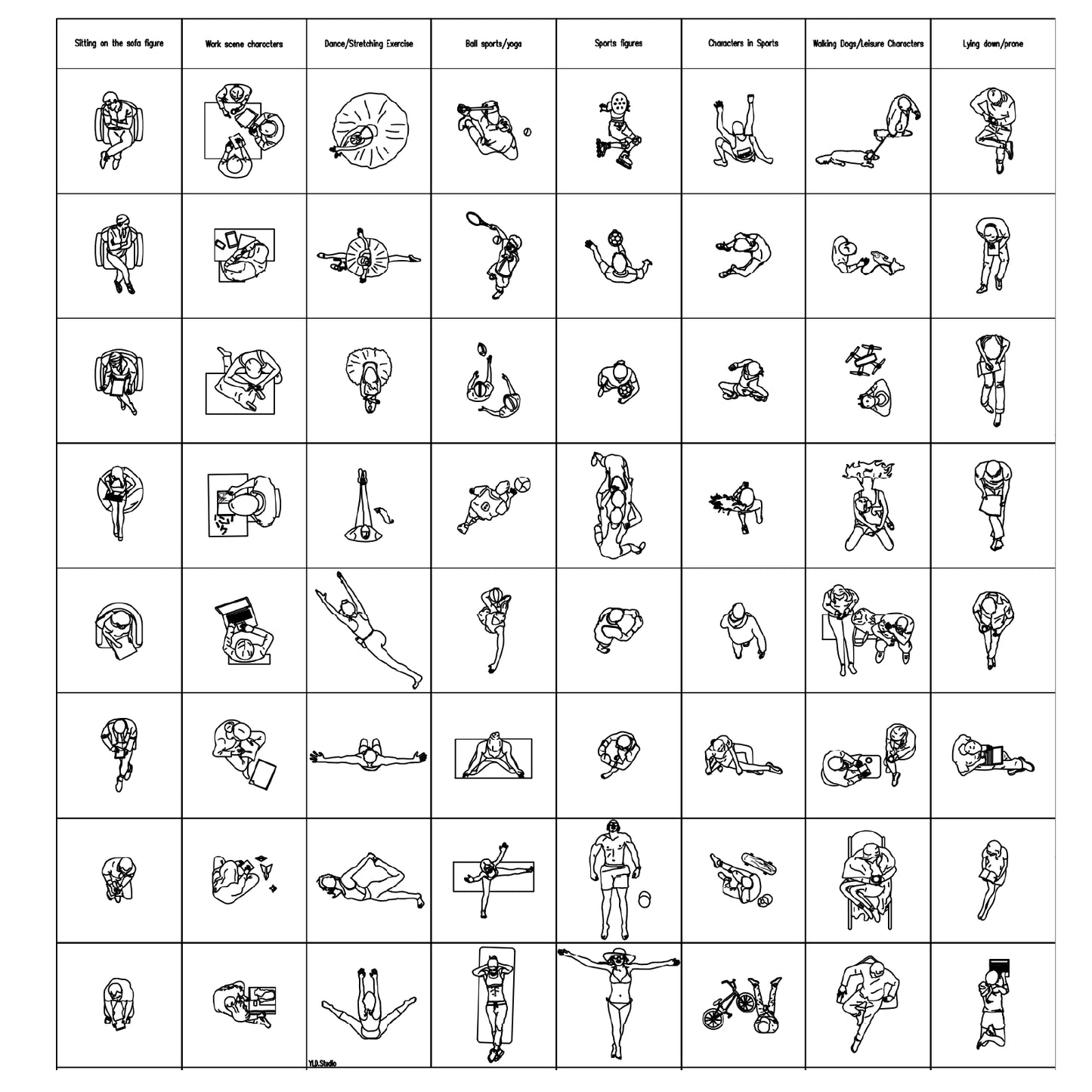 CAD furniture scene assets showing seated, working, lounging, and interaction poses for architectural plans and elevation drawings