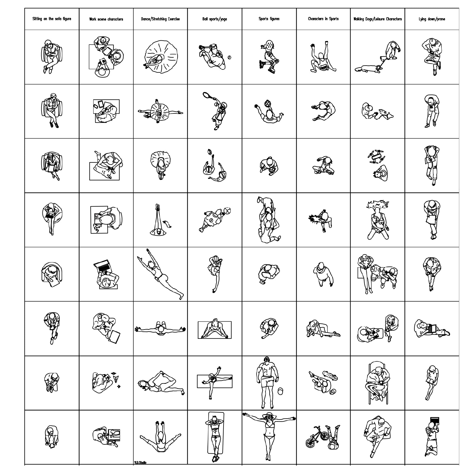 CAD furniture scene assets showing seated, working, lounging, and interaction poses for architectural plans and elevation drawings