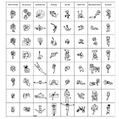 CAD furniture scene assets showing seated, working, lounging, and interaction poses for architectural plans and elevation drawings