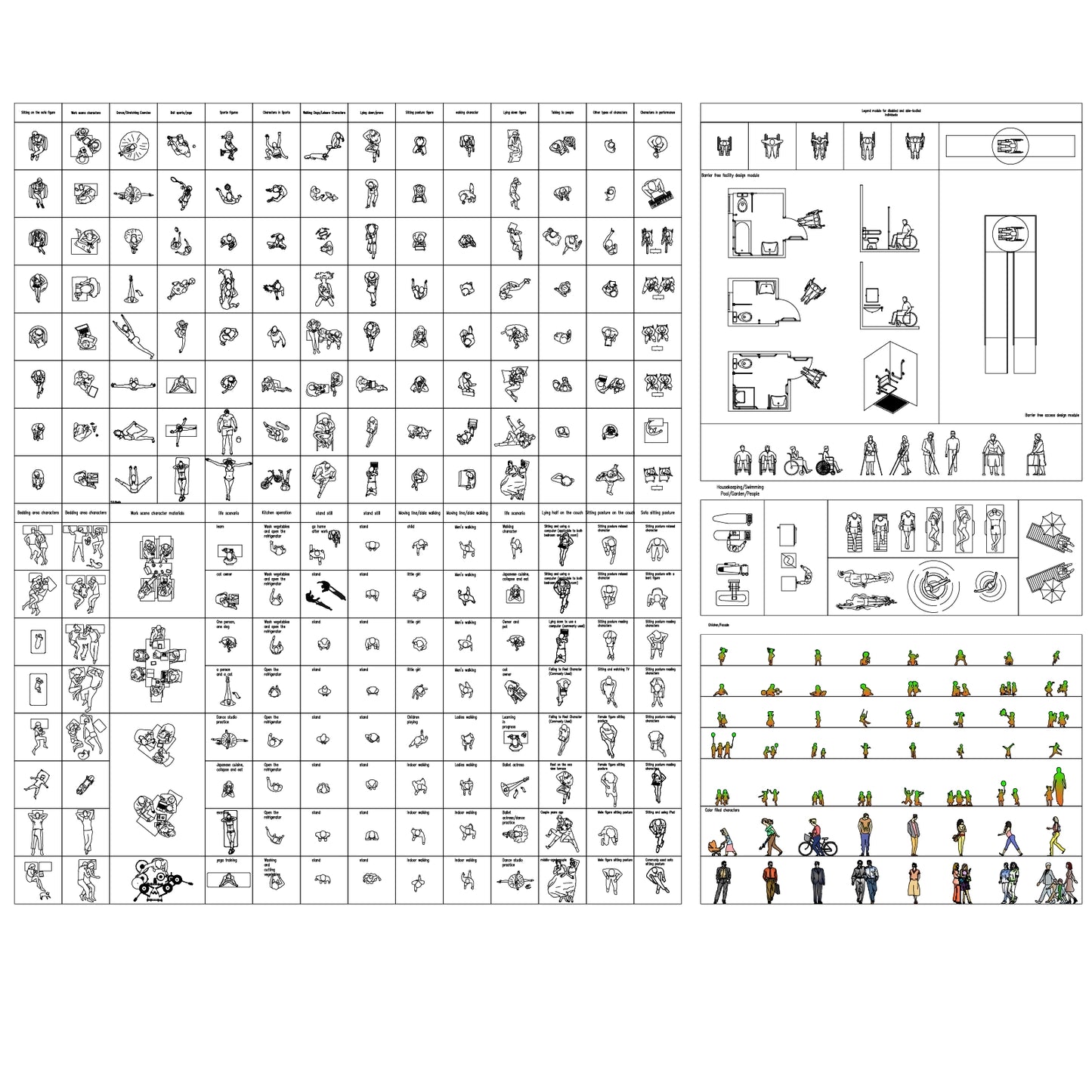 Minimal line CAD top-view people set showing daily activities, sports, working scenes, and seated poses for plan drawings