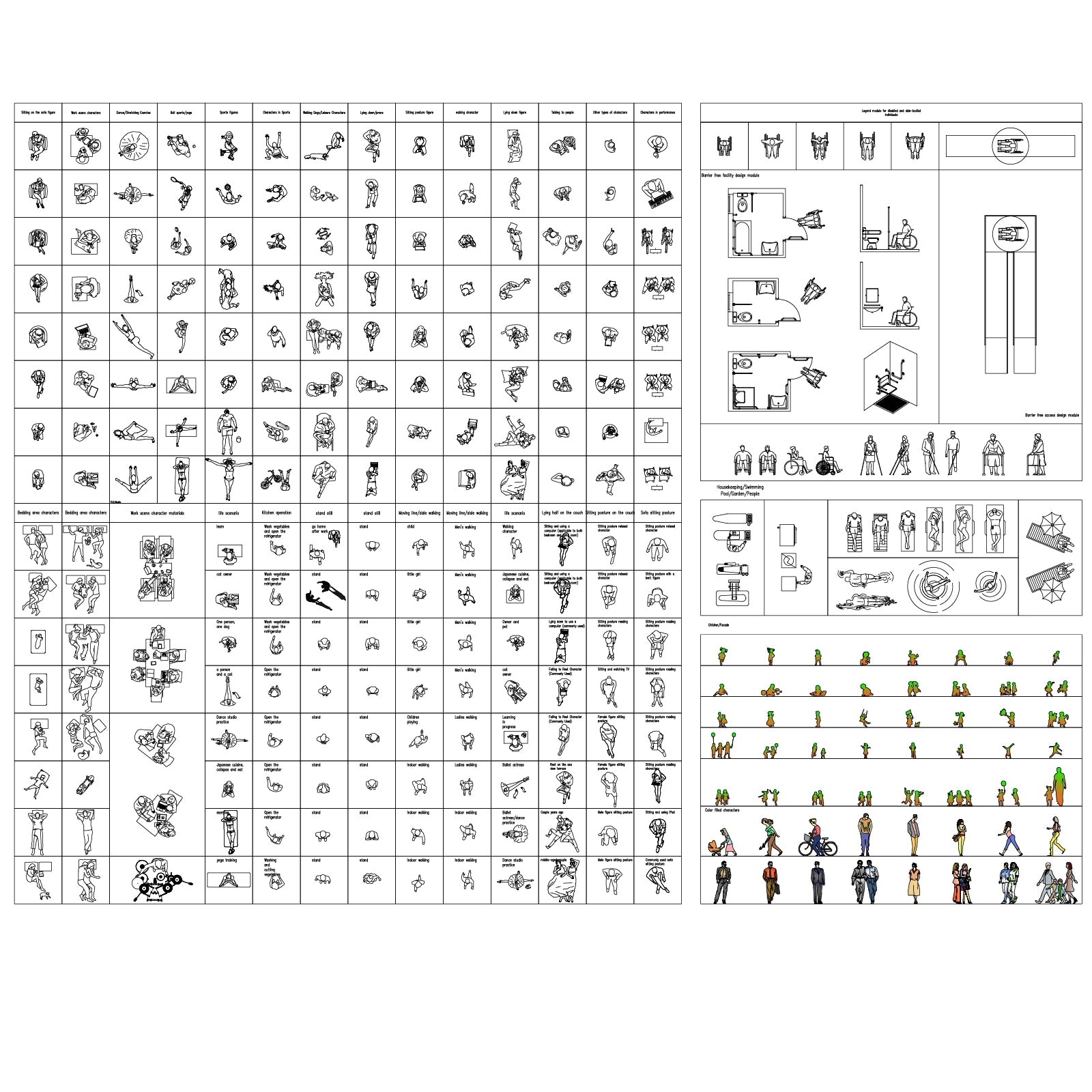 Minimal line CAD top-view people set showing daily activities, sports, working scenes, and seated poses for plan drawings