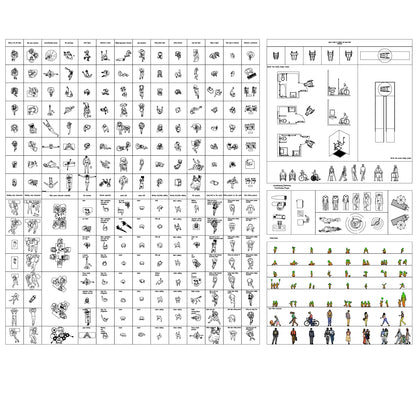 Minimal line CAD top-view people set showing daily activities, sports, working scenes, and seated poses for plan drawings