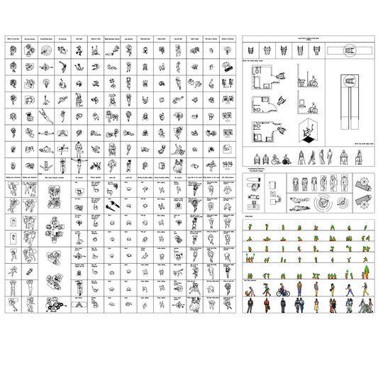 Minimal line CAD top-view people set showing daily activities, sports, working scenes, and seated poses for plan drawings