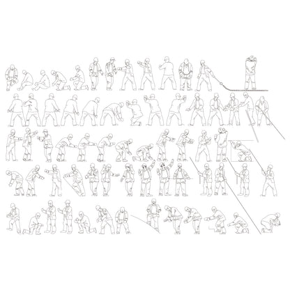 Detailed line drawings showing construction workers in multiple site actions