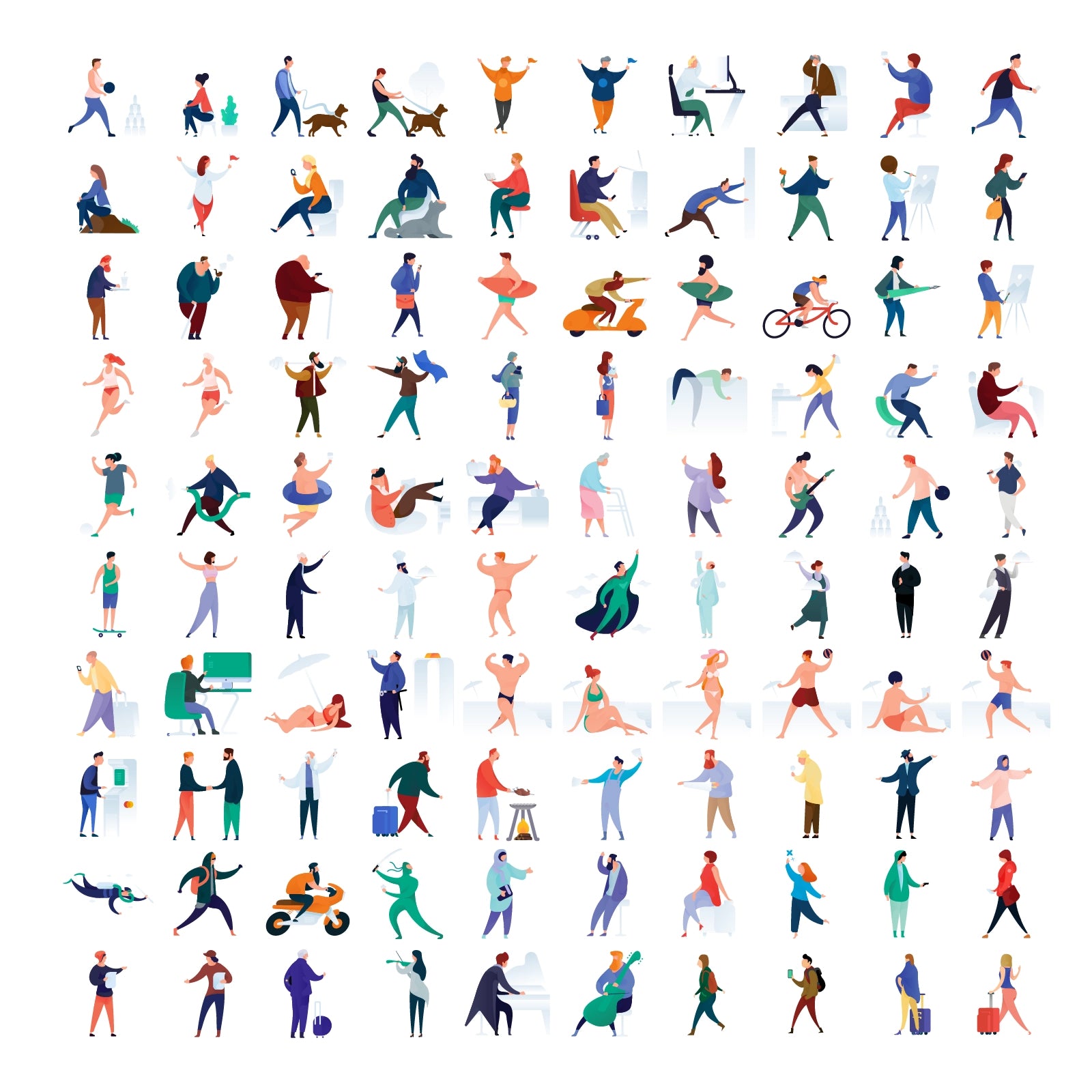 Curvy People vector illustration pack showing diverse human figures in flat rounded style with office, fitness, and leisure activities