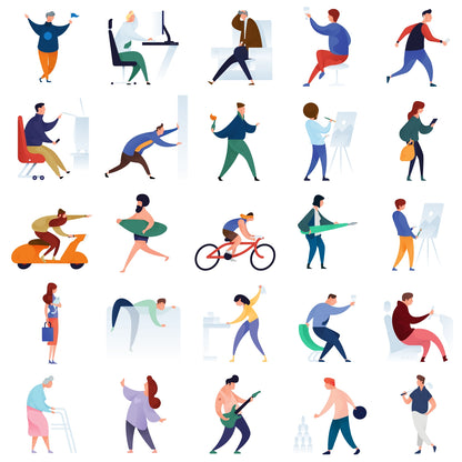 Mockup showing Curvy People vector pack applied in website, poster, and infographic design layouts