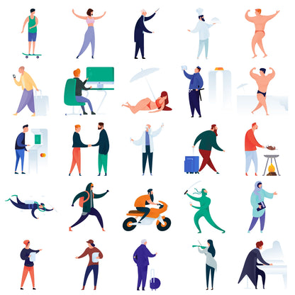 Overview of Curvy People character illustrations — walking, biking, reading, painting, and dancing in smooth rounded shapes
