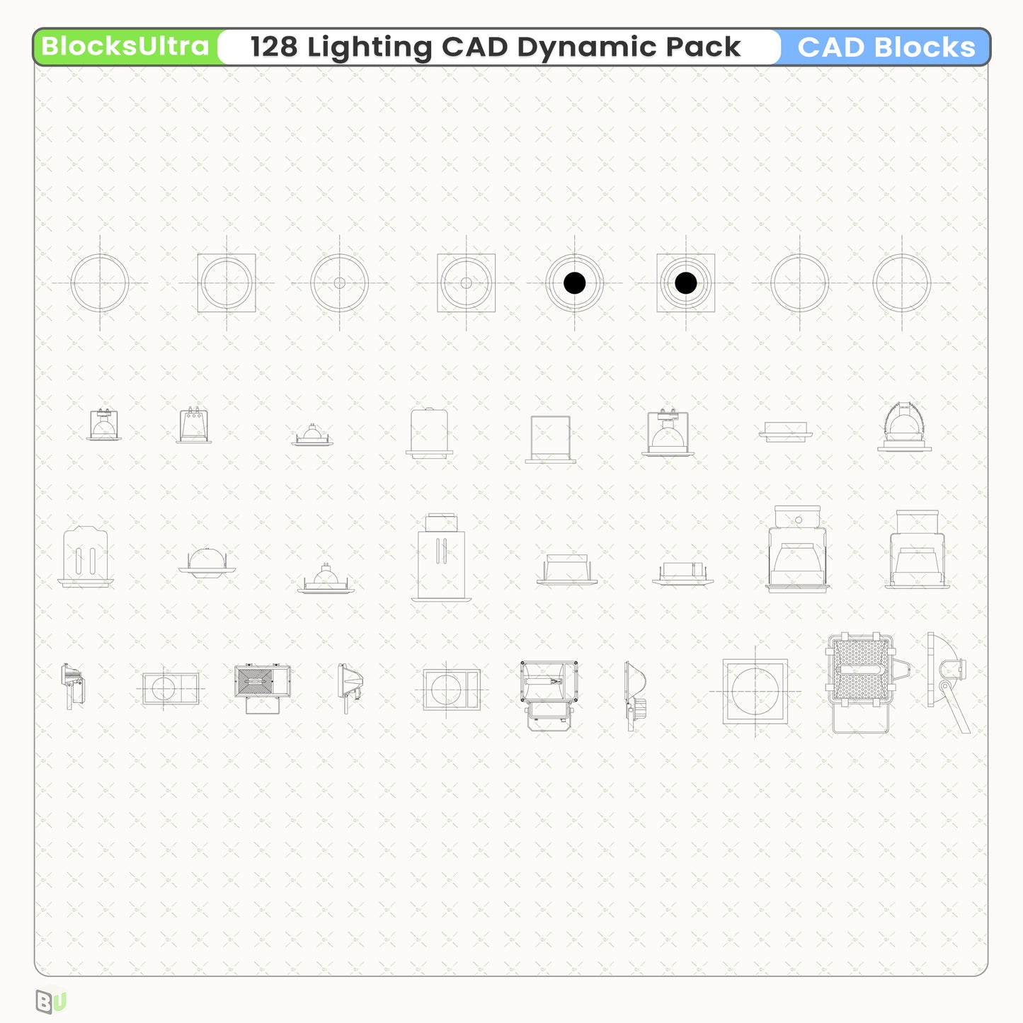 Downlight CAD dynamic blocks featuring multi-size round and square fixtures with top, front, and side views for architectural lighting design