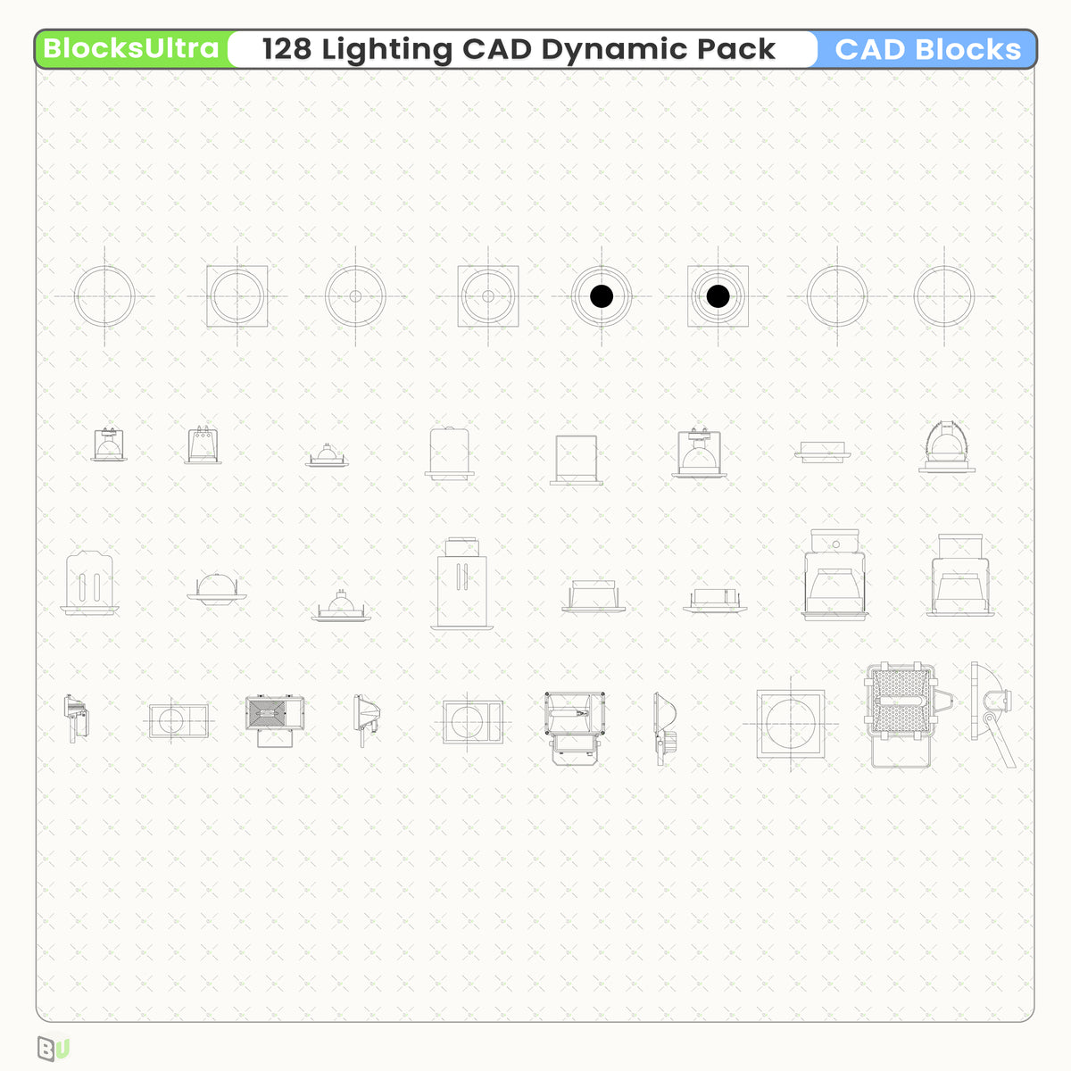 Downlight CAD dynamic blocks featuring multi-size round and square fixtures with top, front, and side views for architectural lighting design
