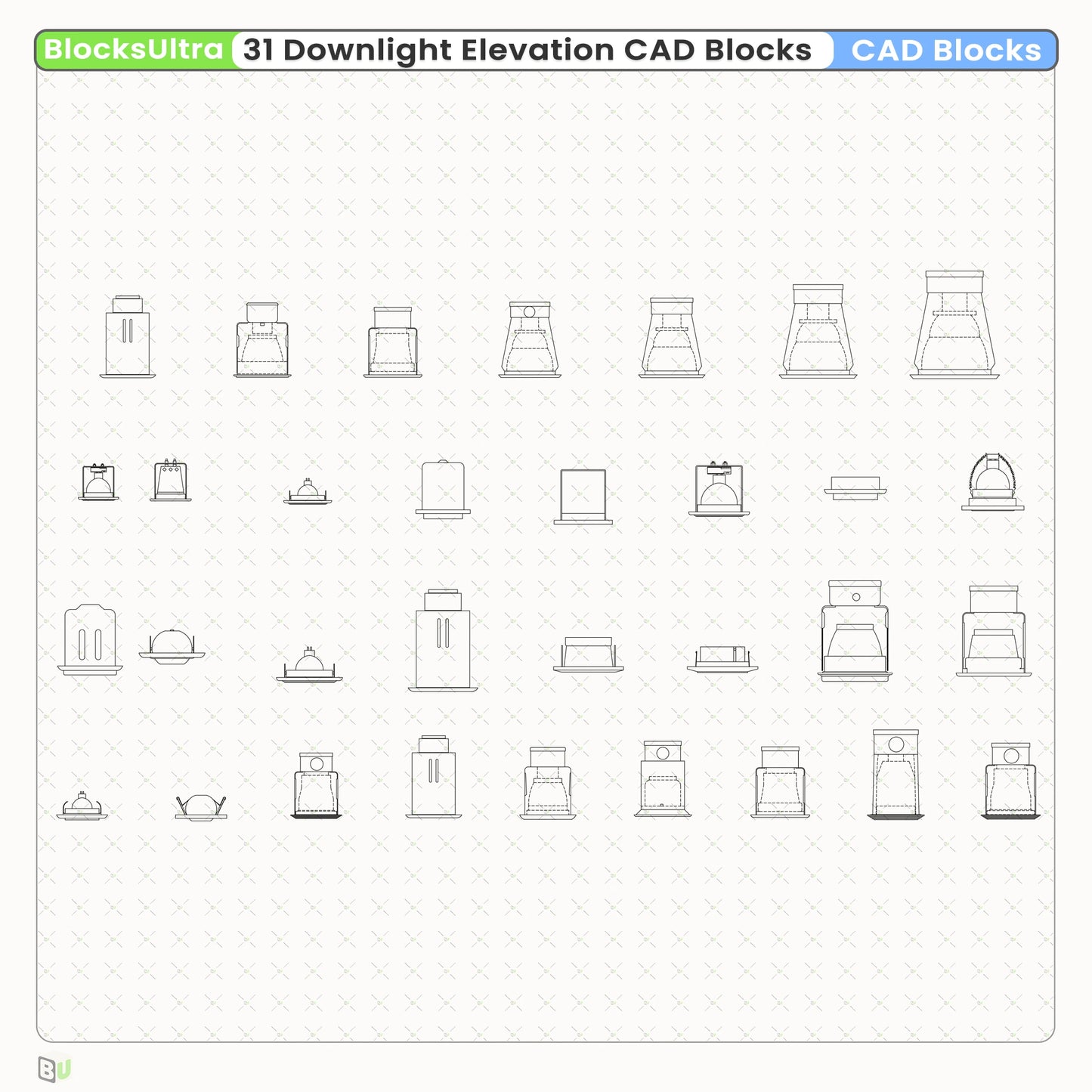 Professional downlight elevation CAD symbols from a 31-set collection, designed for precise architectural lighting documentation
