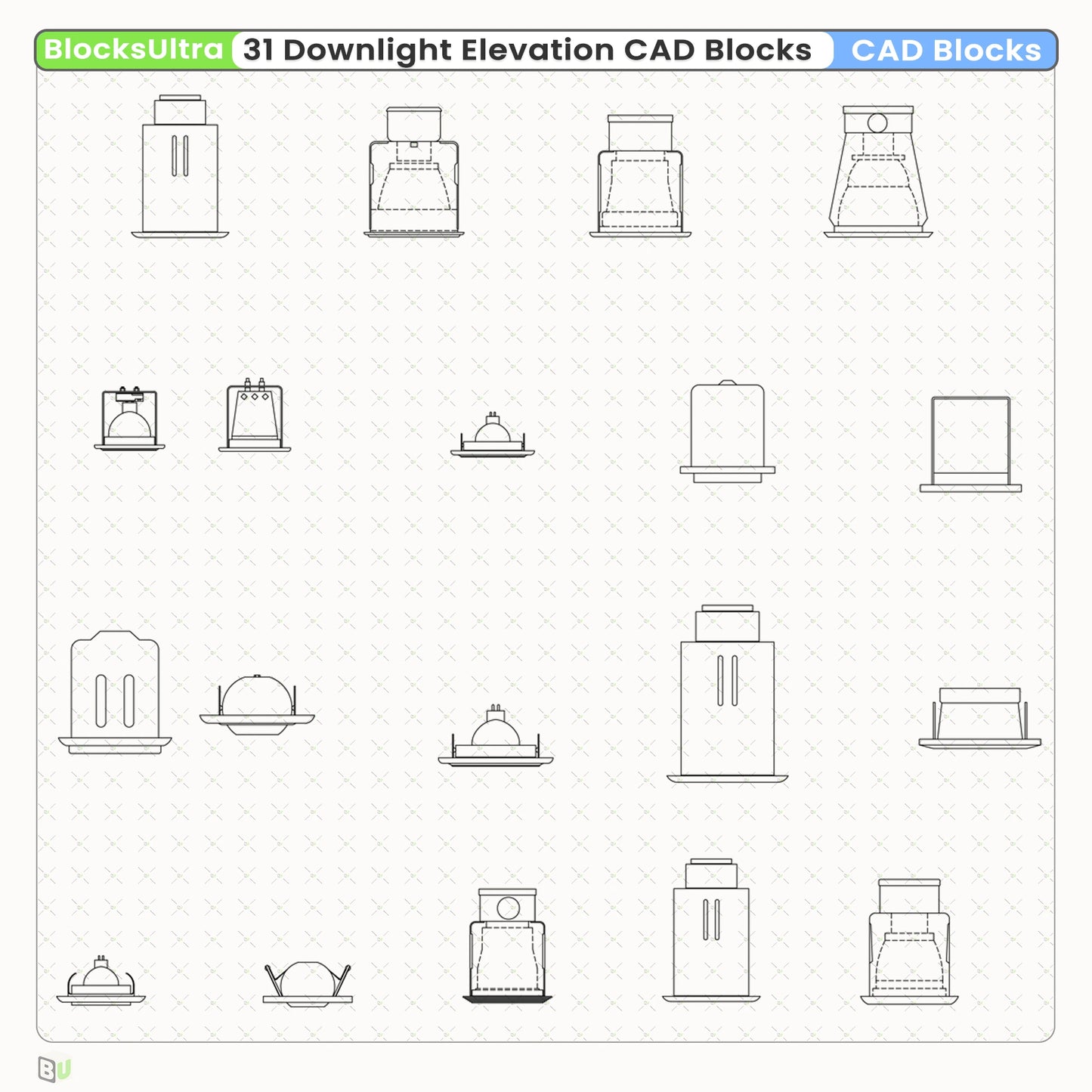 Architectural downlight elevation CAD blocks (31-set) with consistent vector geometry for lighting layout and design workflows