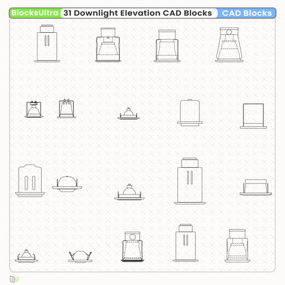 Architectural downlight elevation CAD blocks (31-set) with consistent vector geometry for lighting layout and design workflows