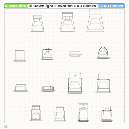 Clean vector downlight elevation symbols from a 31-set CAD collection, ideal for DWG-based lighting plans and technical drawings