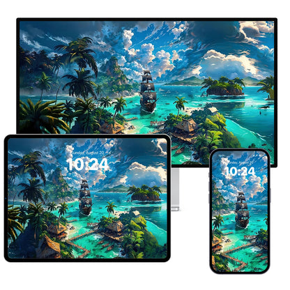 Multi-device wallpaper pack showing a pirate ship sailing into a tropical island lagoon - 8K ocean fantasy artwork for desktop, tablet, and phone screens