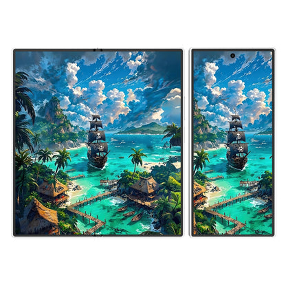 Collection of tropical pirate paradise wallpapers with emerald lagoons, palm trees, and blue skies - 8K ocean fantasy artwork for multiple screen devices