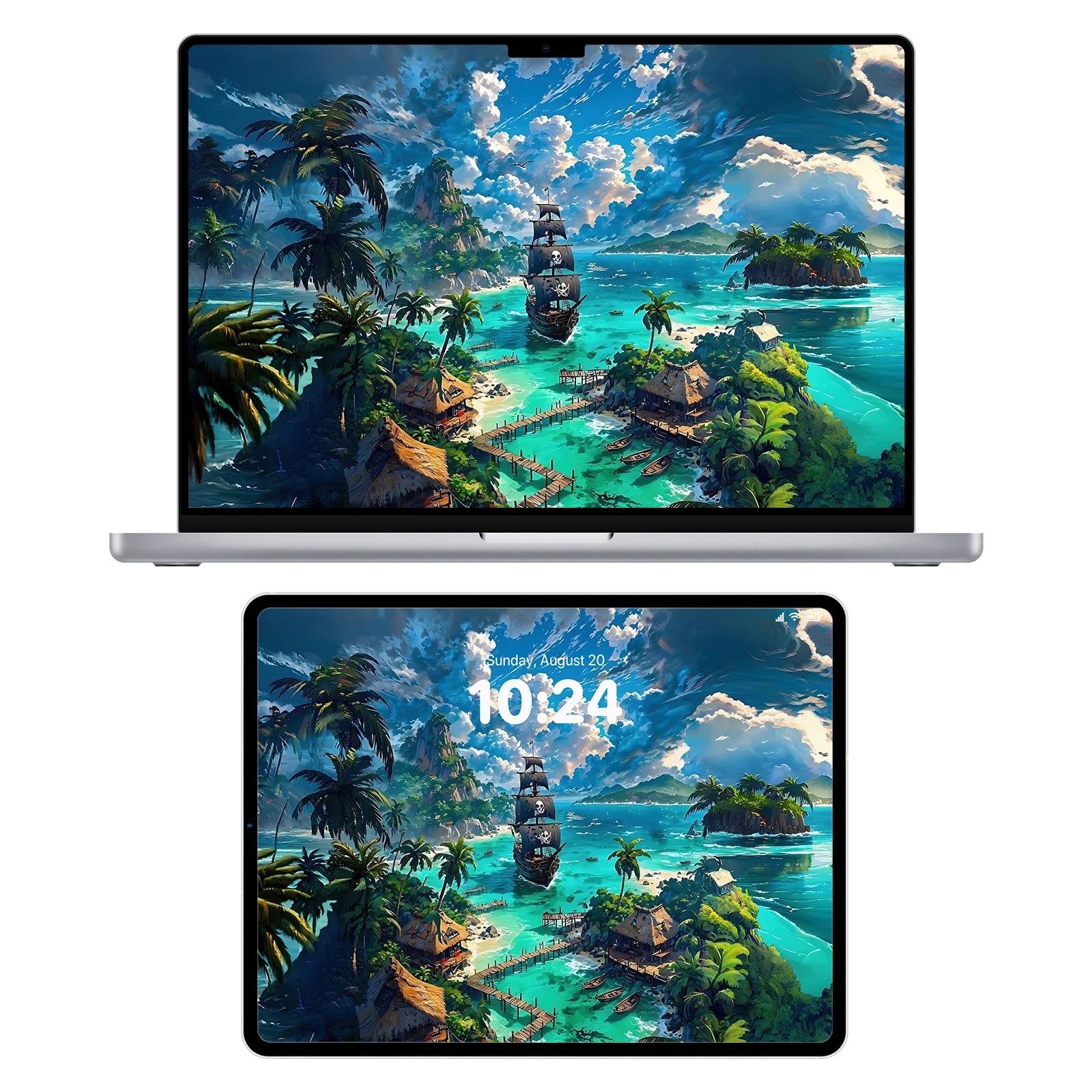 8K tropical island wallpaper featuring a legendary pirate ship near misty mountains - optimized fantasy seascape for laptops, tablets, and large monitors