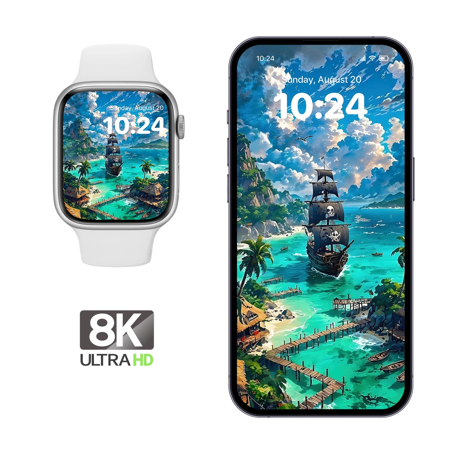 Tropical pirate island wallpaper adapted for phone, tablet, laptop, and smartwatch - high-resolution 8K ocean fantasy artwork for vivid displays