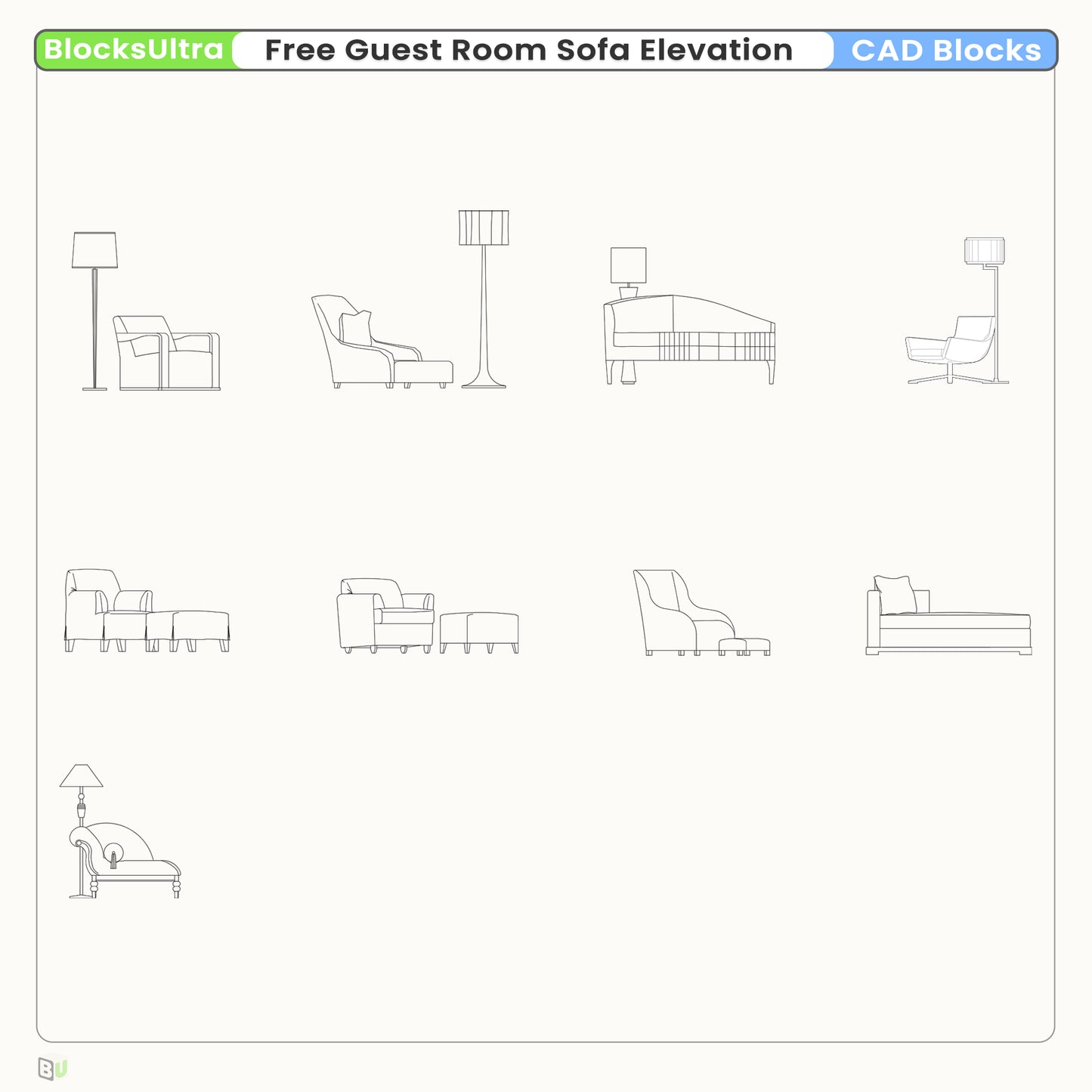 Free guest room sofa elevation CAD blocks showing clean side view furniture outlines