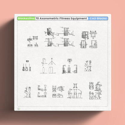 Free weight gym equipment axonometric CAD blocks with benches and racks