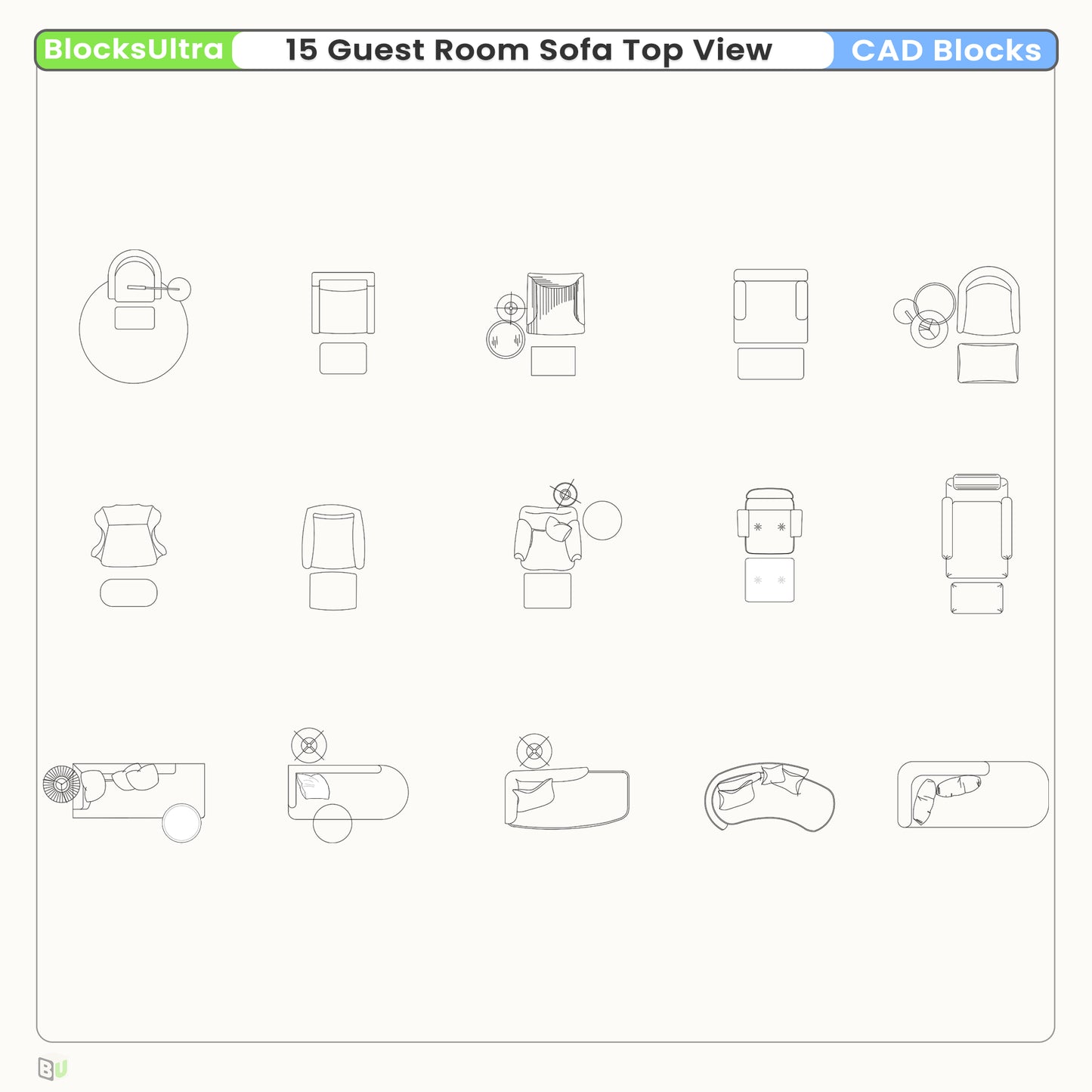 15 guest room sofa CAD blocks top view for hotel layout planning