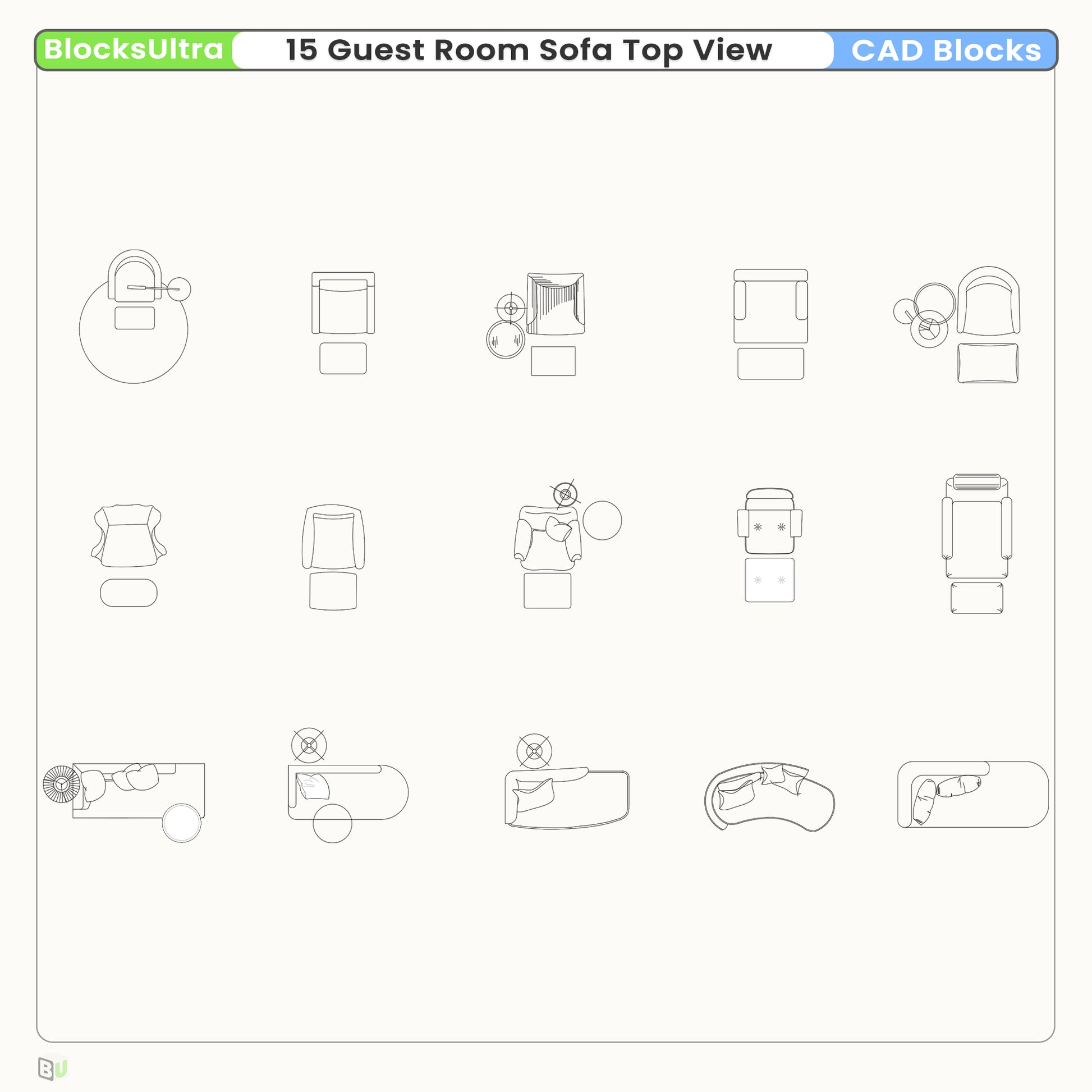 15 guest room sofa CAD blocks top view for hotel layout planning