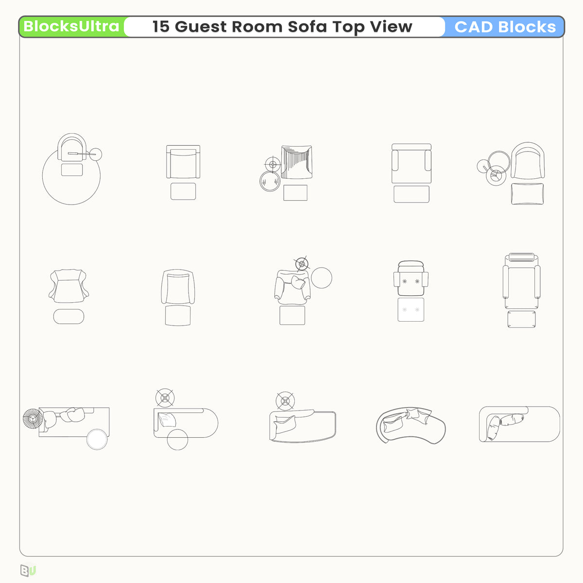 15 guest room sofa CAD blocks top view for hotel layout planning