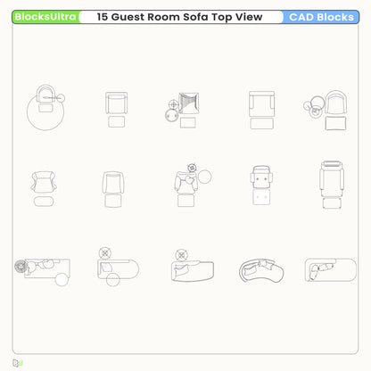 15 guest room sofa CAD blocks top view for hotel layout planning