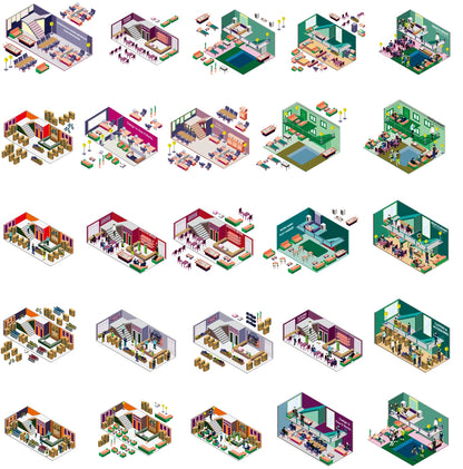 Isometric vector illustration of interior scenes with people in office, classroom, cafe and gym environments for infographic and UI design (editable AI and SVG formats)