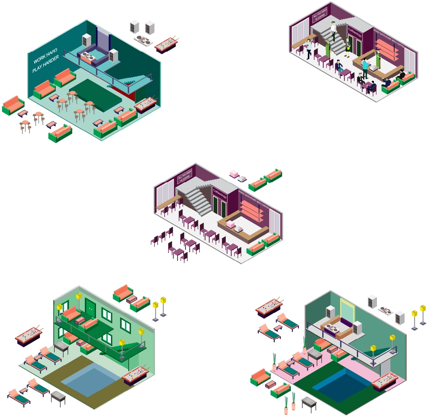 Detailed isometric interior artwork showing furniture, lighting and characters in vector format