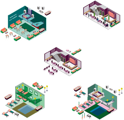Detailed isometric interior artwork showing furniture, lighting and characters in vector format