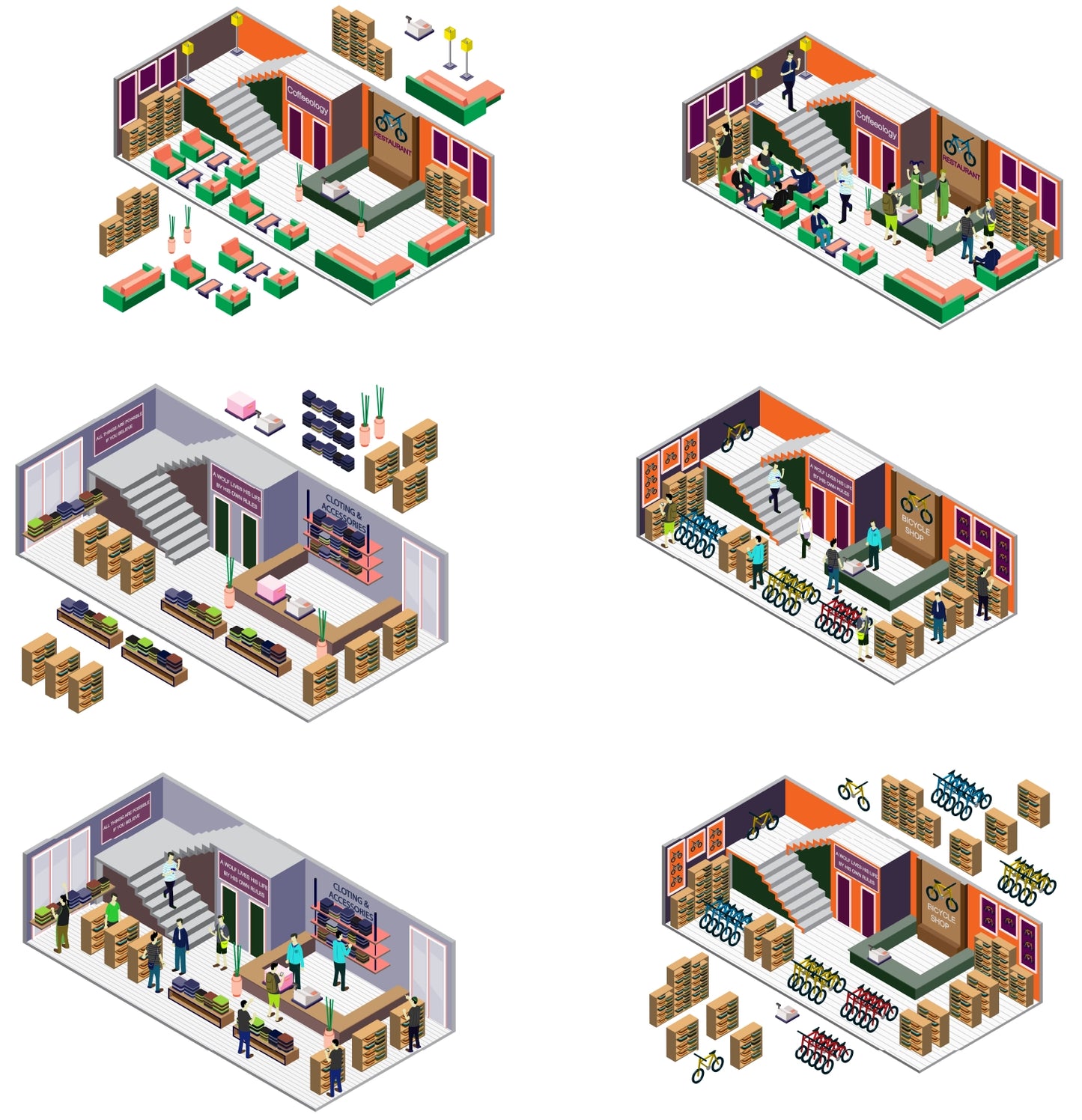 Mockup of isometric people and interior illustration pack for designers