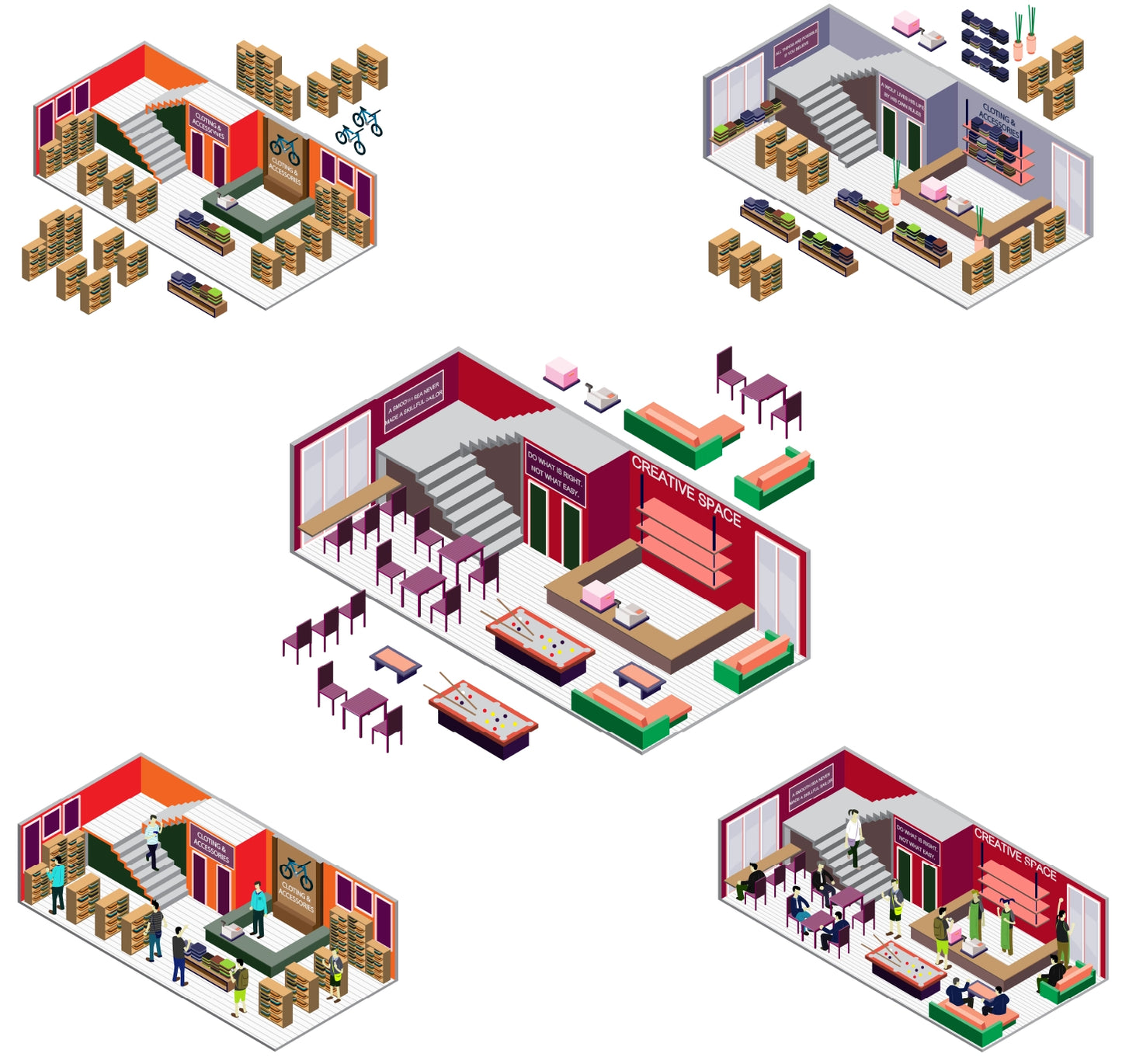 Outlined vector wireframe of isometric rooms and human figures