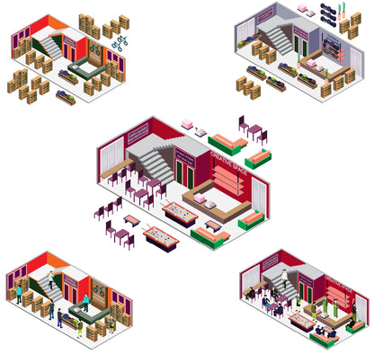 Outlined vector wireframe of isometric rooms and human figures