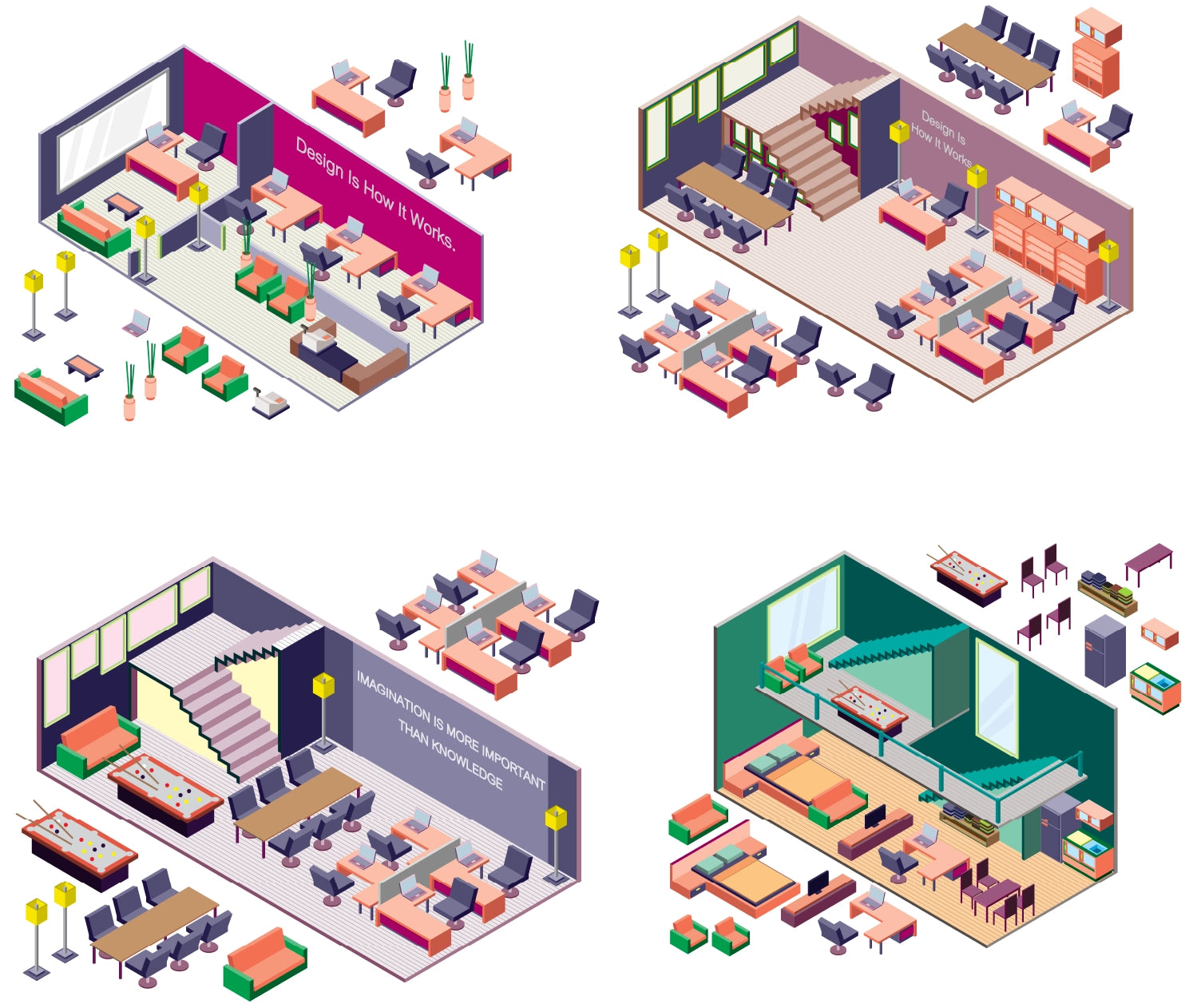 Overview of multiple isometric interior vector scenes showing diverse spaces and human activities