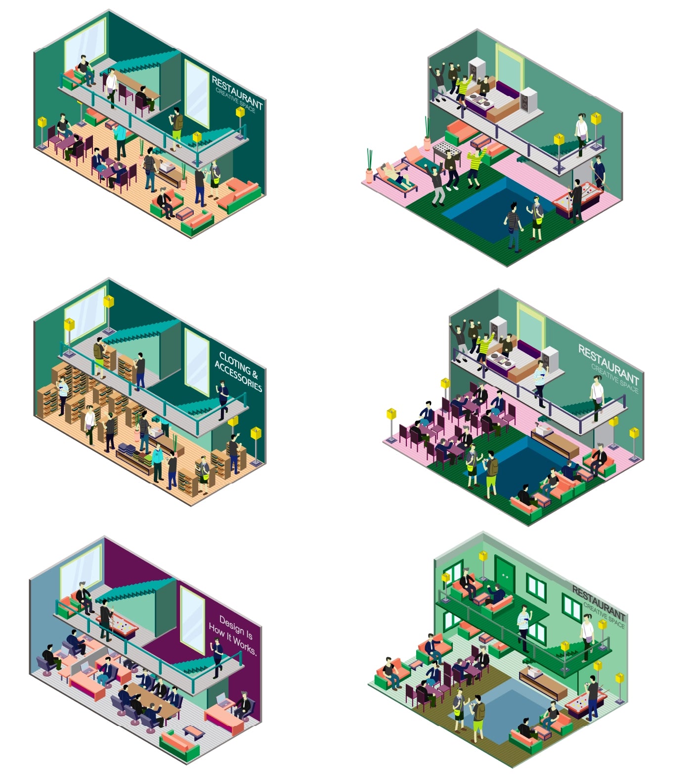 Alternative layout of isometric vector interiors showing different color palettes